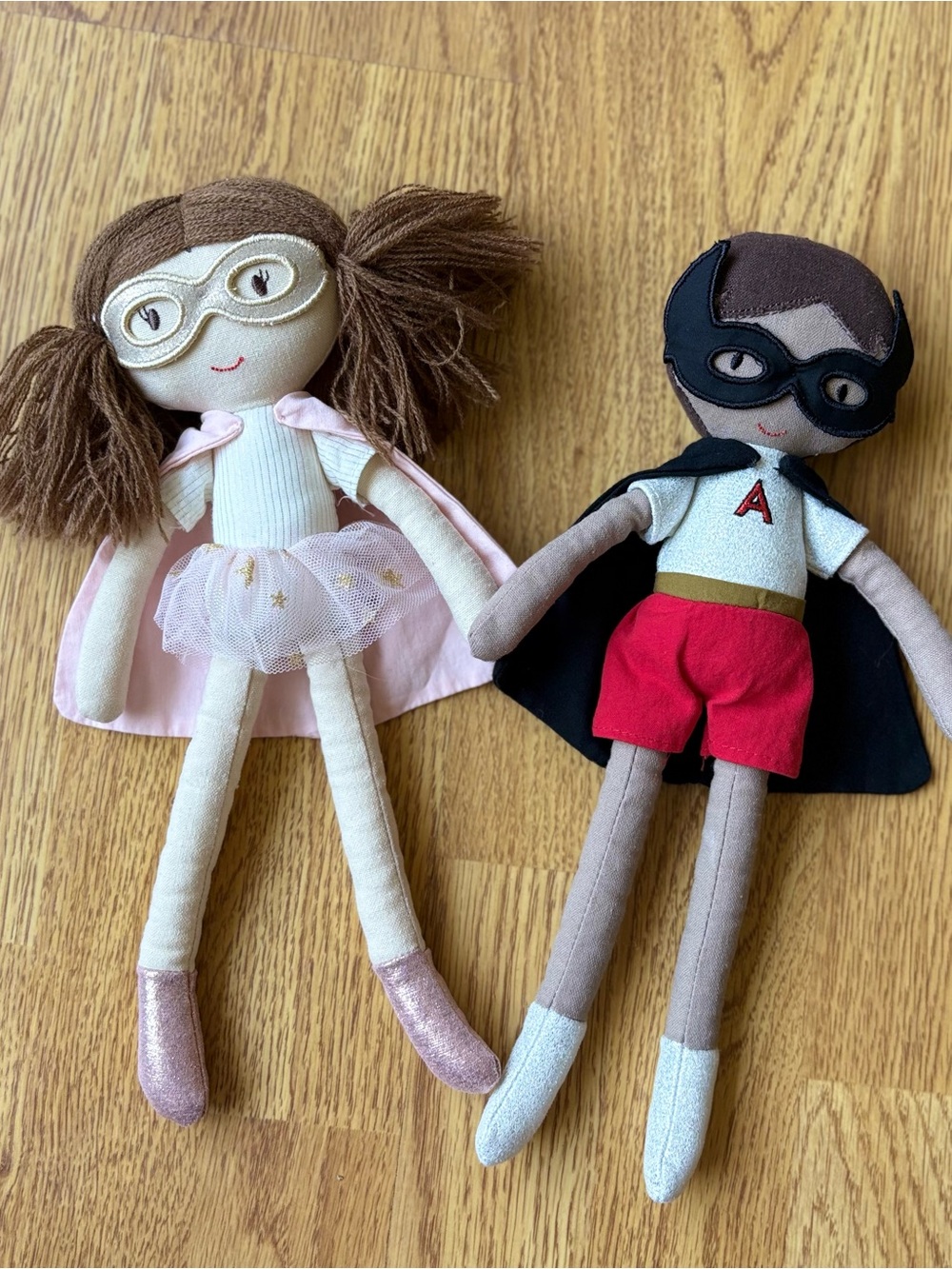 Superhero Boy & Girl Cloth Dolls Set Of 2 Cape Mask Washable Plush Lovey 12”